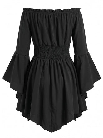 Robe Smockée à Épaules Dénudées et Manches Chauve-Souris Années 1940