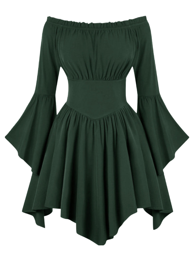 Robe Smockée à Épaules Dénudées et Manches Chauve-Souris Années 1940