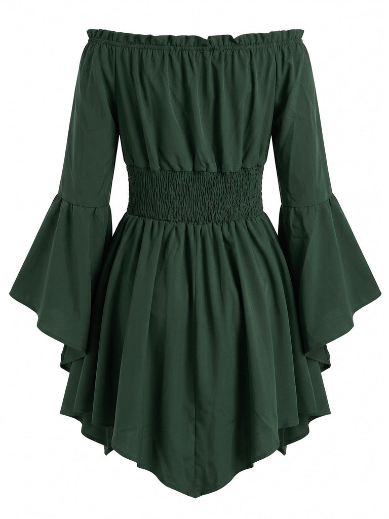 Robe Smockée à Épaules Dénudées et Manches Chauve-Souris Années 1940