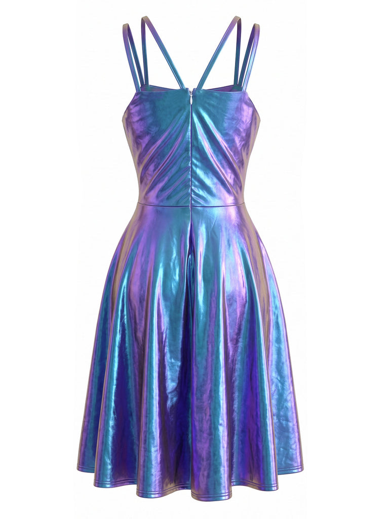 Robe métallisée holographique à doubles bretelles années 1970