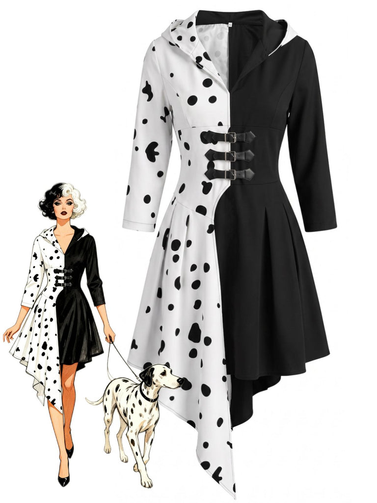 Robe noire et blanche à capuche motif dalmatien années 1970