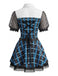 Robe de cosplay écolière gothique bleue à carreaux et manches en tulle années 1970