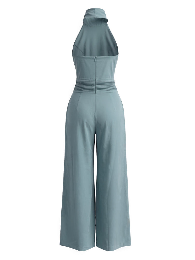 Combinaison Plissée à Col Halter Dos Nu à Jambes Larges Bleu Années 1930