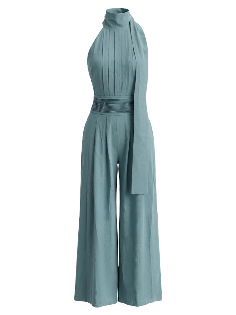 Combinaison Plissée à Col Halter Dos Nu à Jambes Larges Bleu Années 1930