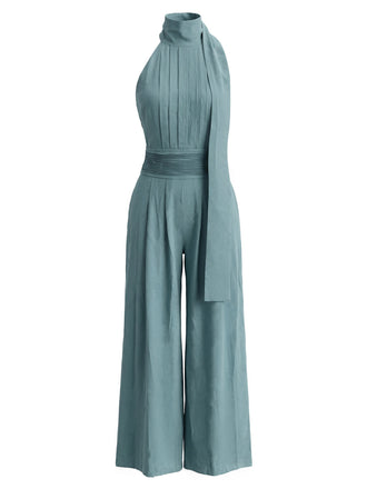 Combinaison Plissée à Col Halter Dos Nu à Jambes Larges Bleu Années 1930