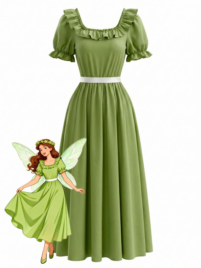 Robe maxi victorienne verte à volants, col carré et style Régence Années 1970