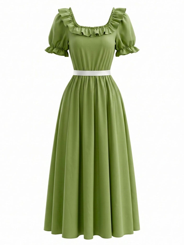 Robe maxi victorienne verte à volants, col carré et style Régence Années 1970