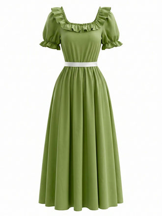 Robe maxi victorienne verte à volants, col carré et style Régence Années 1970