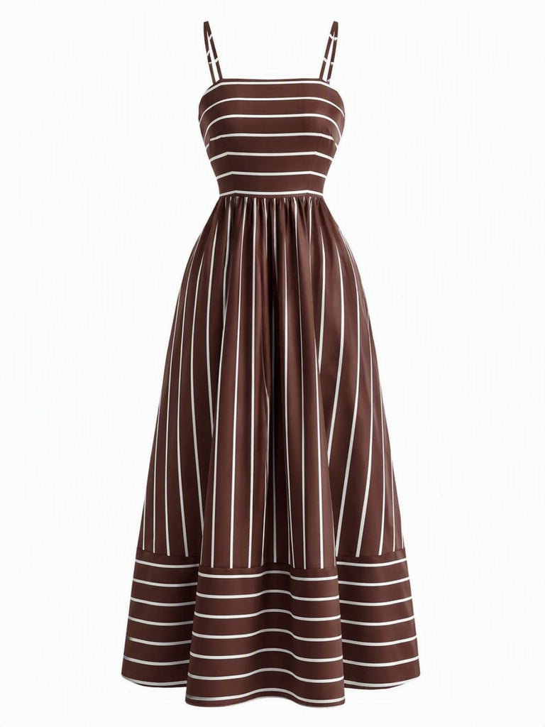 Robe Maxi à Bretelles Spaghetti Rayée avec Découpe Marron Années 1930