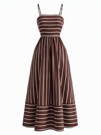 Robe Maxi à Bretelles Spaghetti Rayée avec Découpe Marron Années 1930
