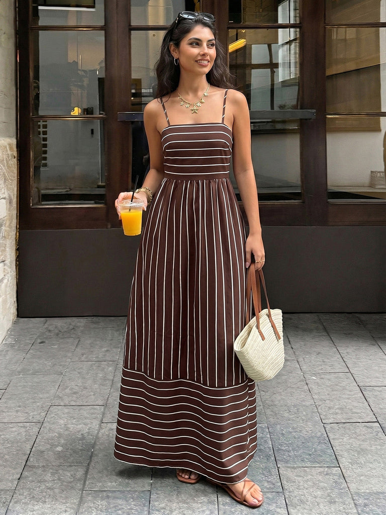 Robe Maxi à Bretelles Spaghetti Rayée avec Découpe Marron Années 1930