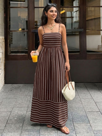 Robe Maxi à Bretelles Spaghetti Rayée avec Découpe Marron Années 1930