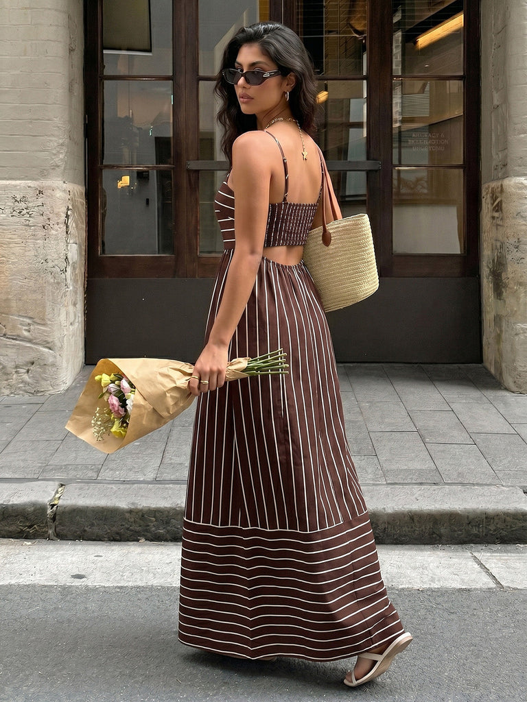 Robe Maxi à Bretelles Spaghetti Rayée avec Découpe Marron Années 1930
