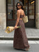 Robe Maxi à Bretelles Spaghetti Rayée avec Découpe Marron Années 1930