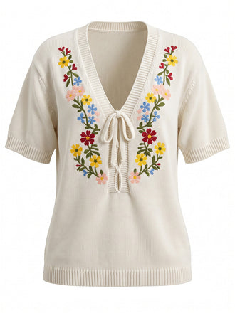 Top Tricoté Floral Brodé avec Lien Devant Beige Années 1940
