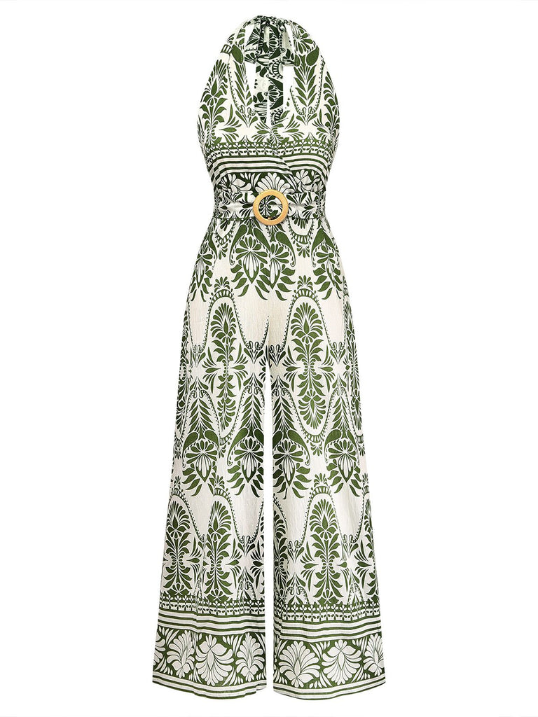 Combinaison verte dos nu à motif végétal Années 1940