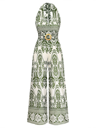 Combinaison verte dos nu à motif végétal Années 1940