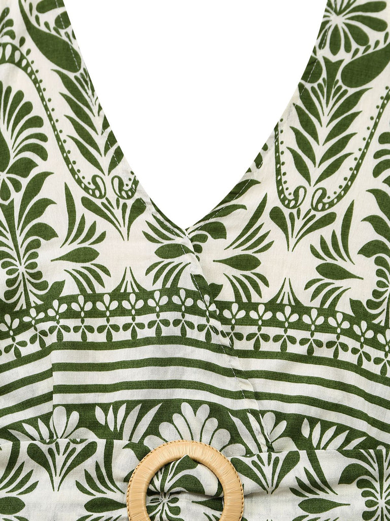 Combinaison verte dos nu à motif végétal Années 1940