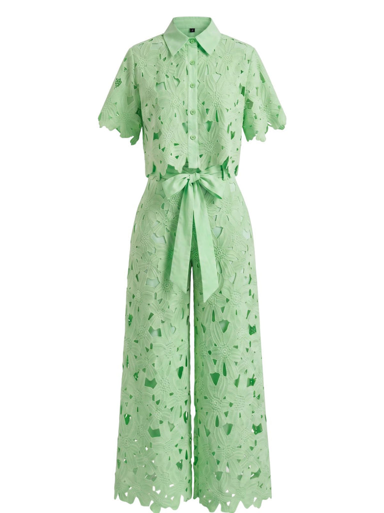2PCS Chemise Dentelle Ajourée & Pantalon Jambes Larges Années 1940 4