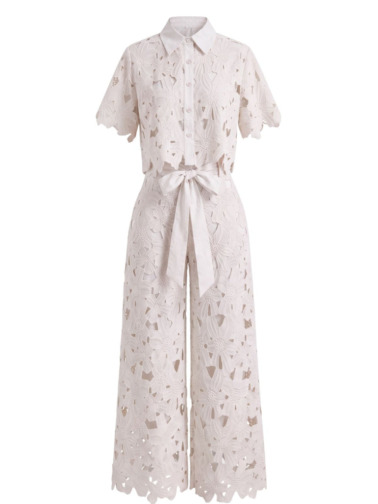 2PCS Chemise Dentelle Ajourée & Pantalon Jambes Larges Années 1940 6