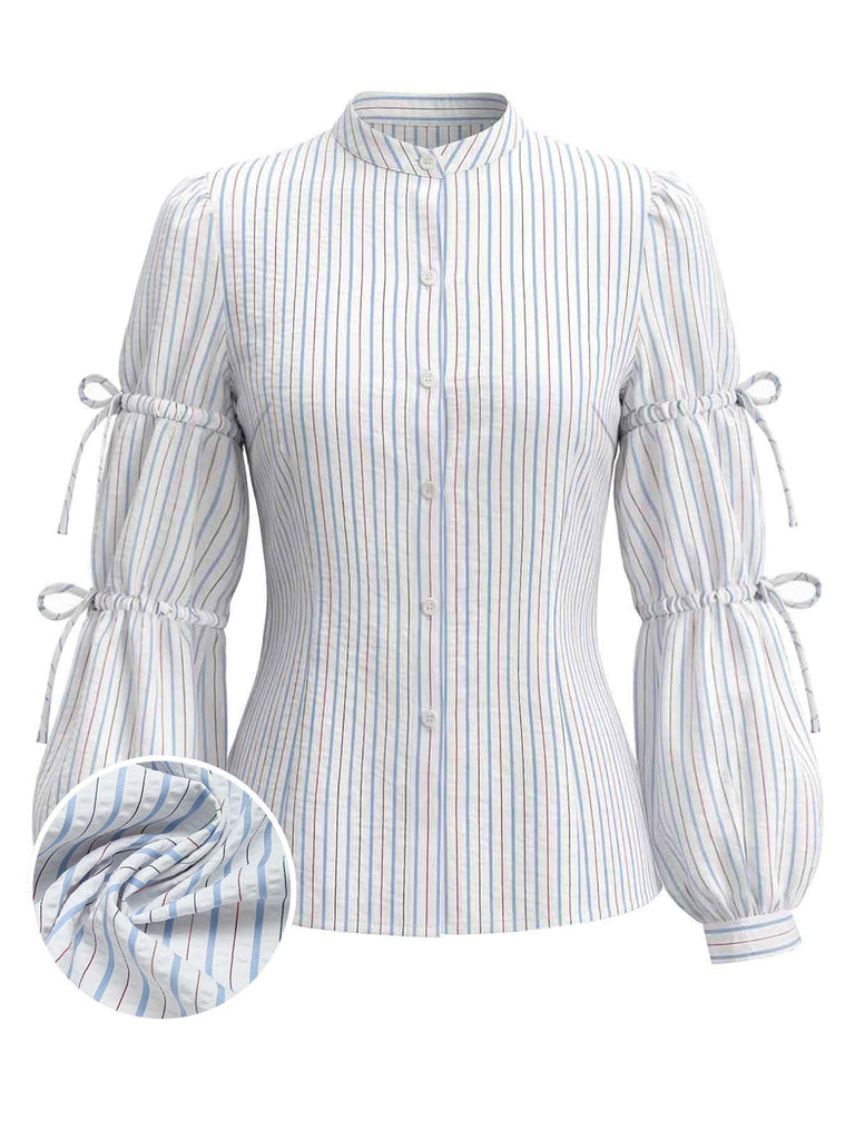 [Prévente] Blouse bleu clair rayée à nœud et manches lanternes années 1940