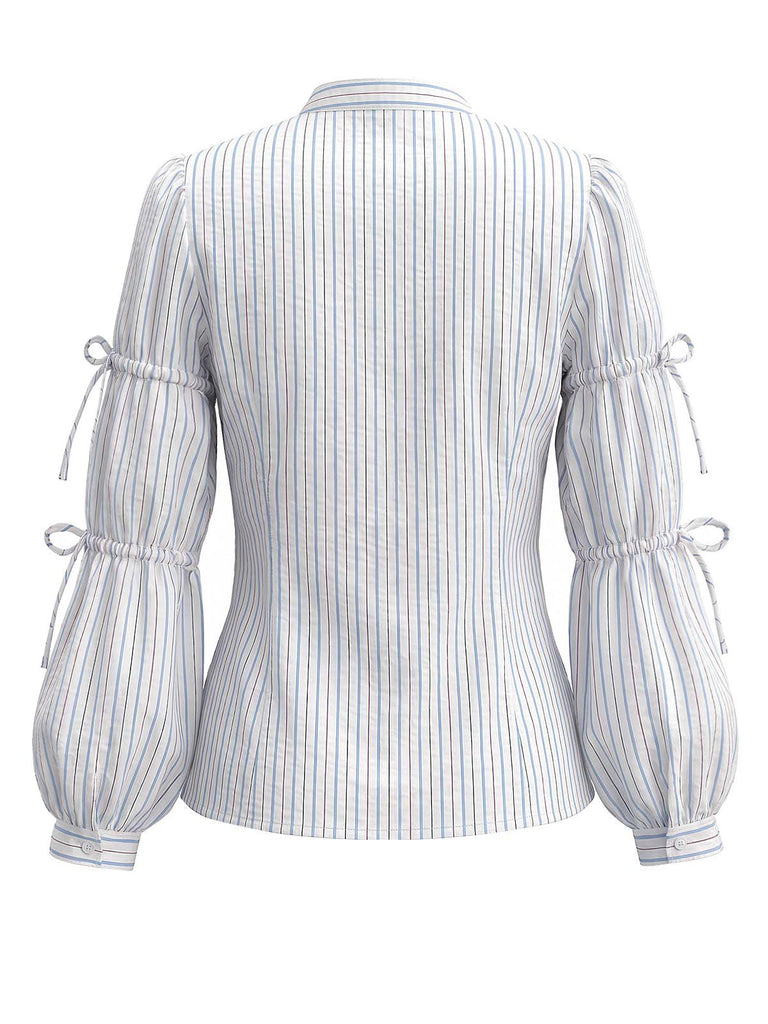 [Prévente] Blouse bleu clair rayée à nœud et manches lanternes années 1940