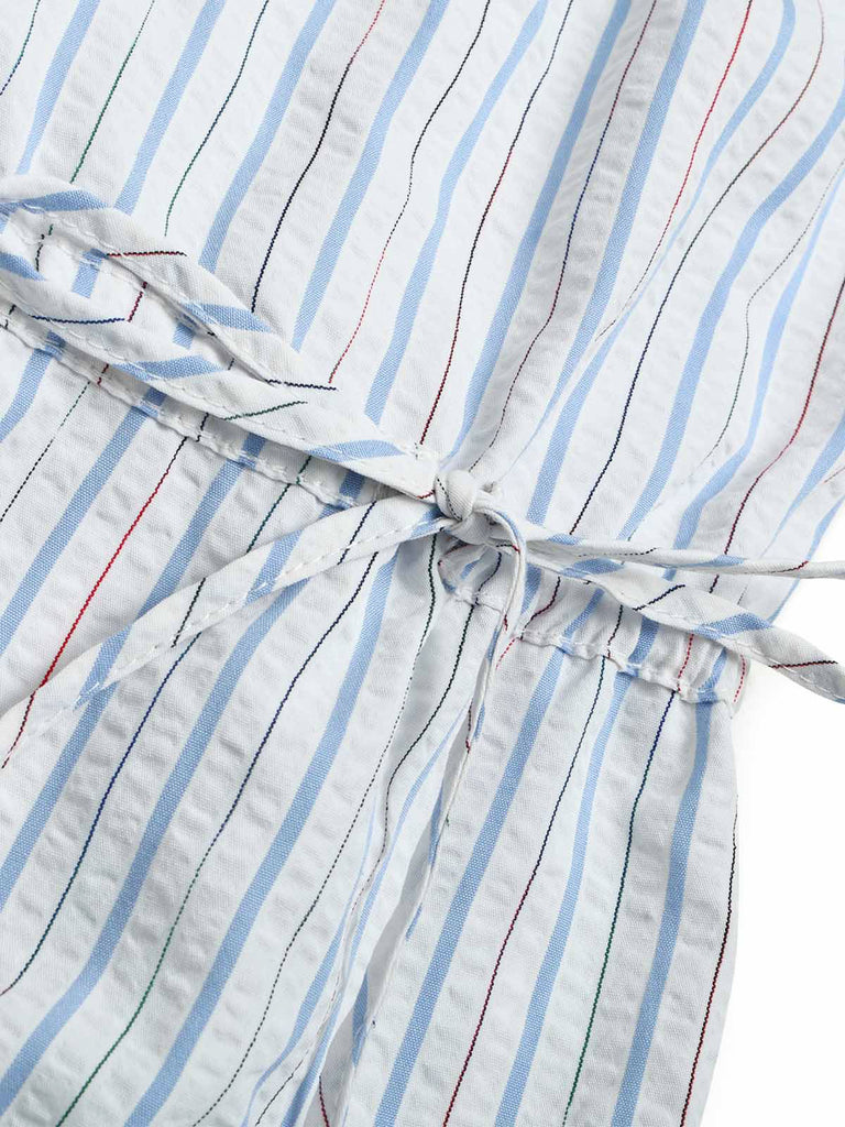 [Prévente] Blouse bleu clair rayée à nœud et manches lanternes années 1940