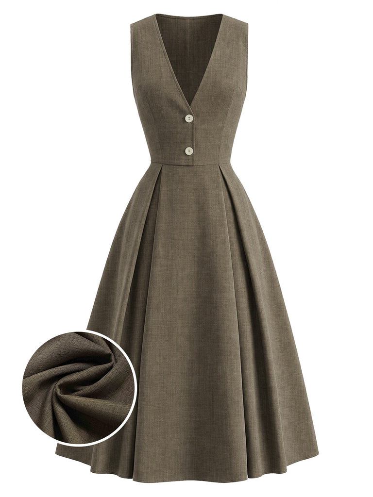 [Prévente] Robe marron sans manches à col V et boutons années 1940