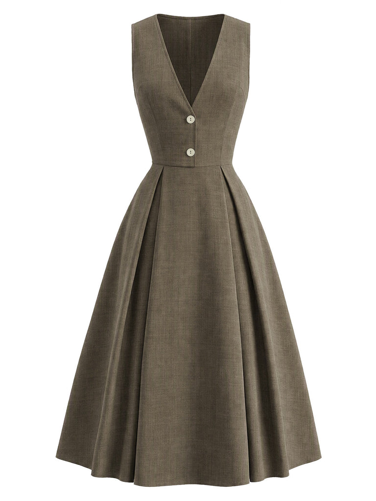 [Prévente] Robe marron sans manches à col V et boutons années 1940