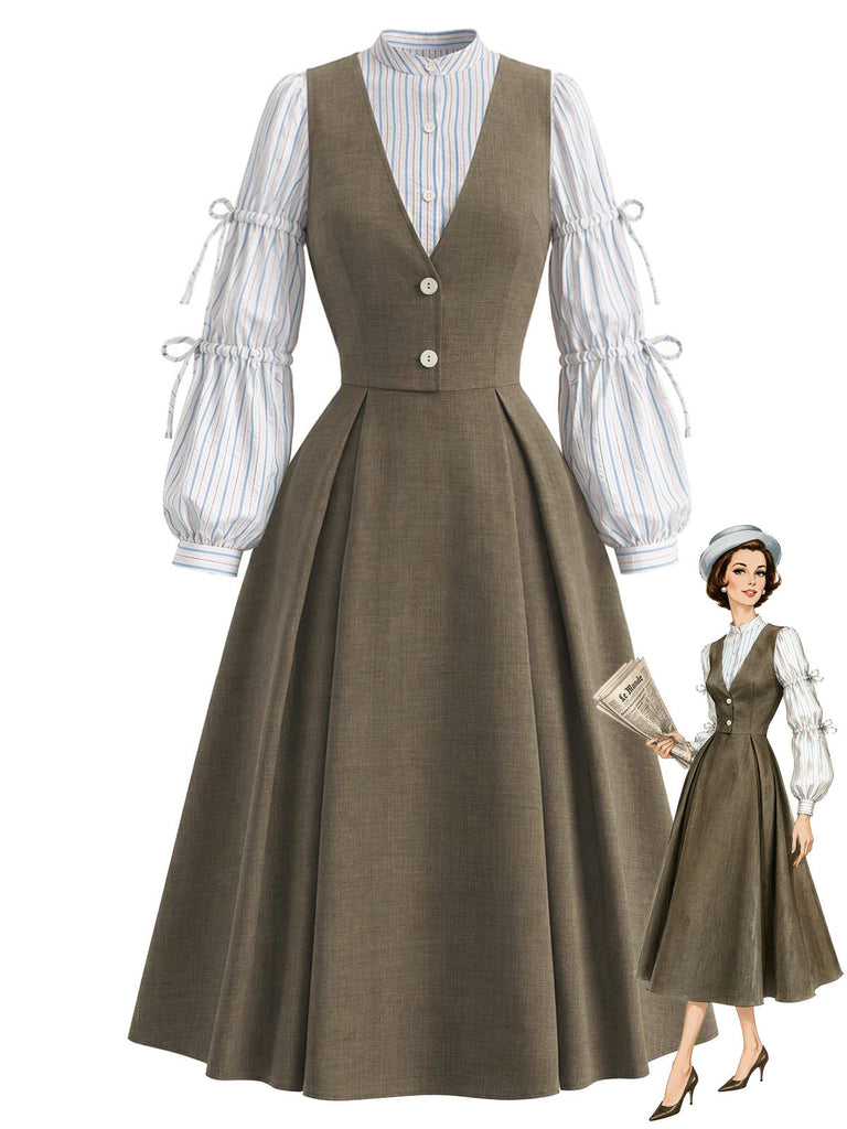 [Prévente] Ensemble 2PCS blouse rayée nouée à manches lanternes et robe unie années 1940