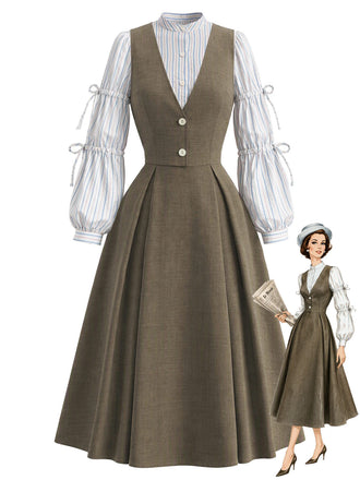 [Prévente] Ensemble 2PCS blouse rayée nouée à manches lanternes et robe unie années 1940