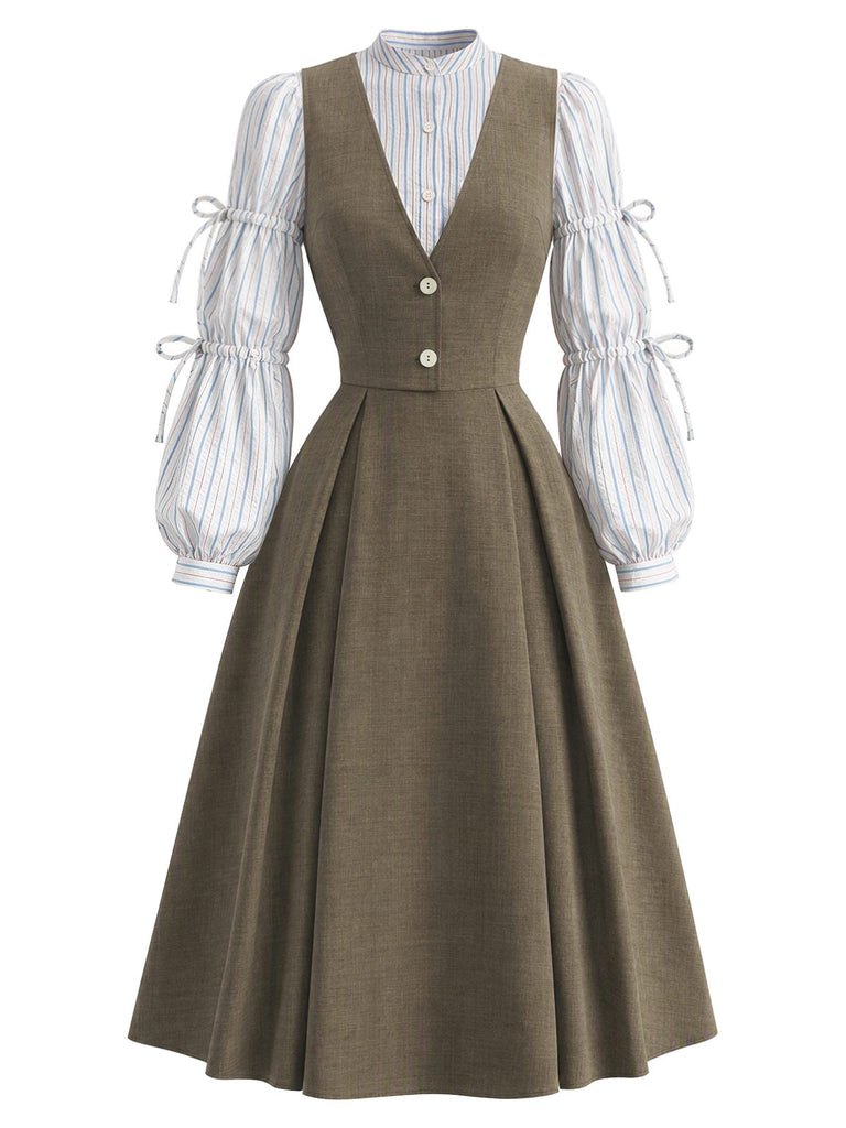 [Prévente] Ensemble 2PCS blouse rayée nouée à manches lanternes et robe unie années 1940