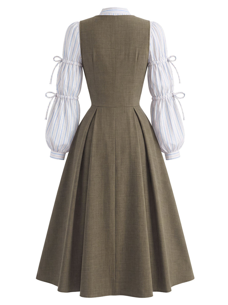 [Prévente] Ensemble 2PCS blouse rayée nouée à manches lanternes et robe unie années 1940