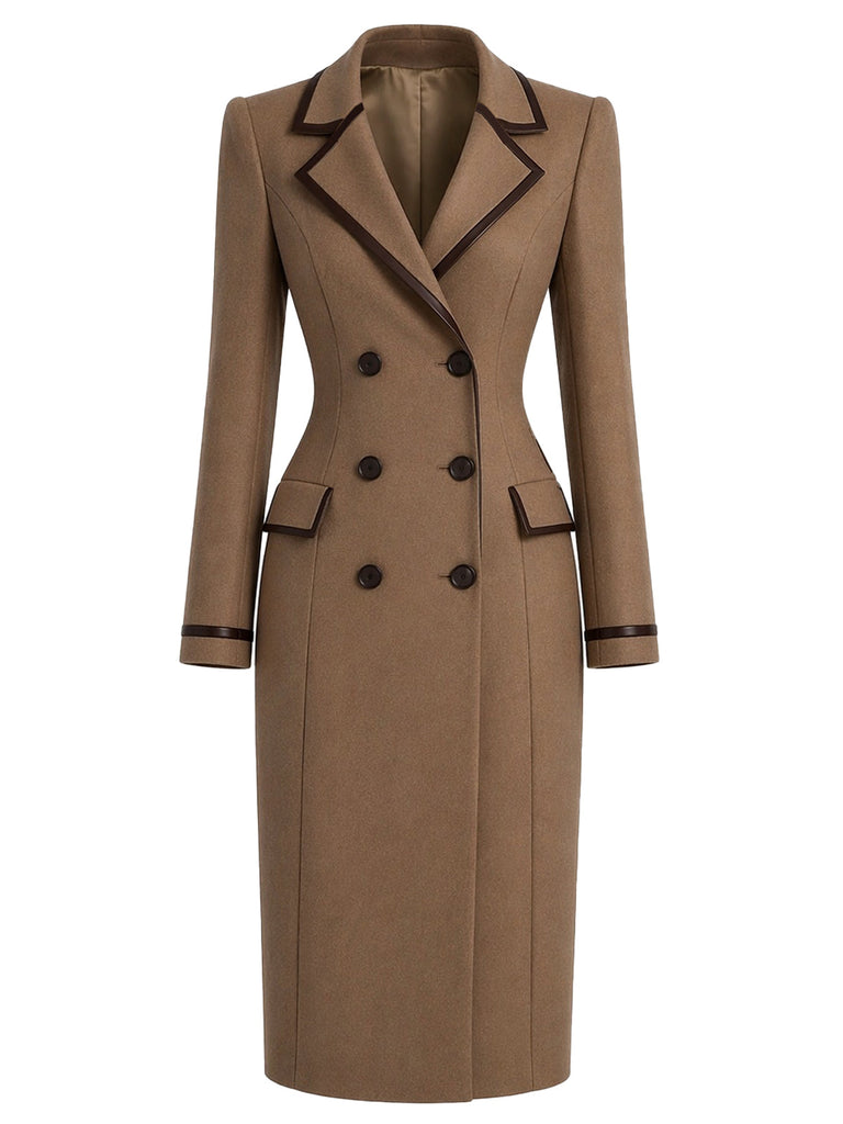 [Prévente] Manteau marron à double boutonnage et bordures en cuir Années 1950 - 2