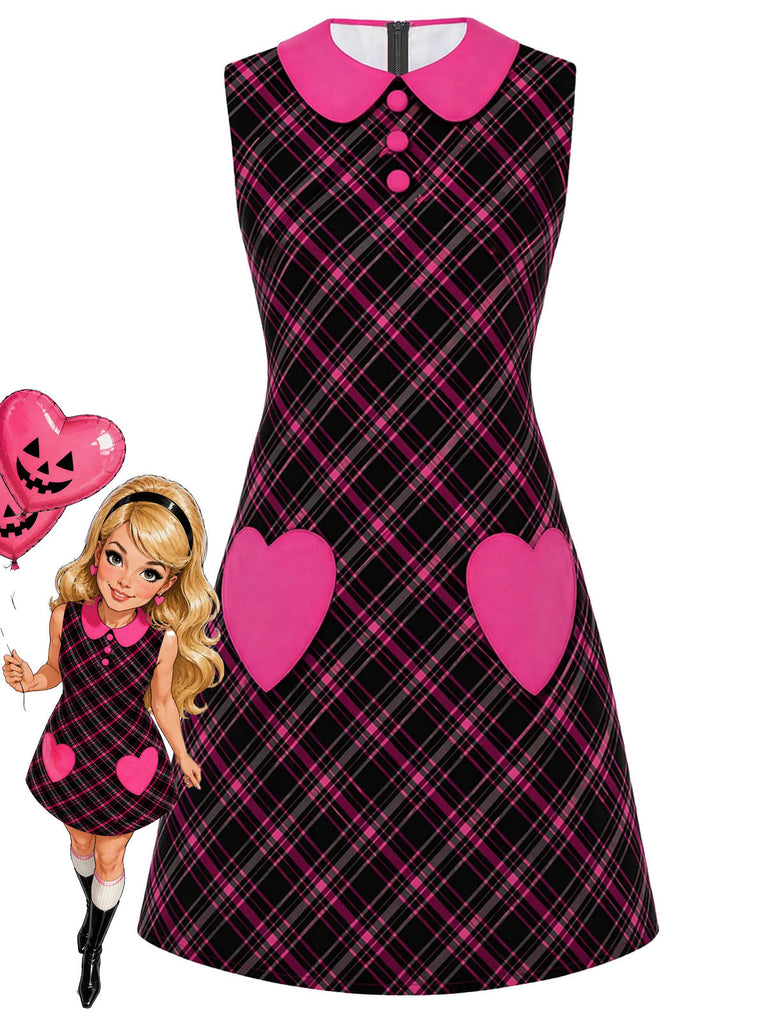 [Prévente] Robe noire et rose à carreaux avec poches et col Claudine années 1960