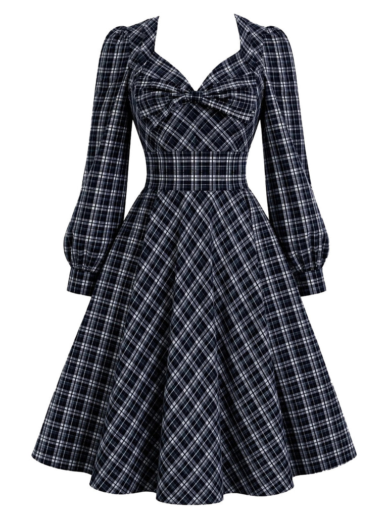 [Prévente] Robe trapèze bleu foncé à carreaux, nœud et manches longues Années 1950 - 2