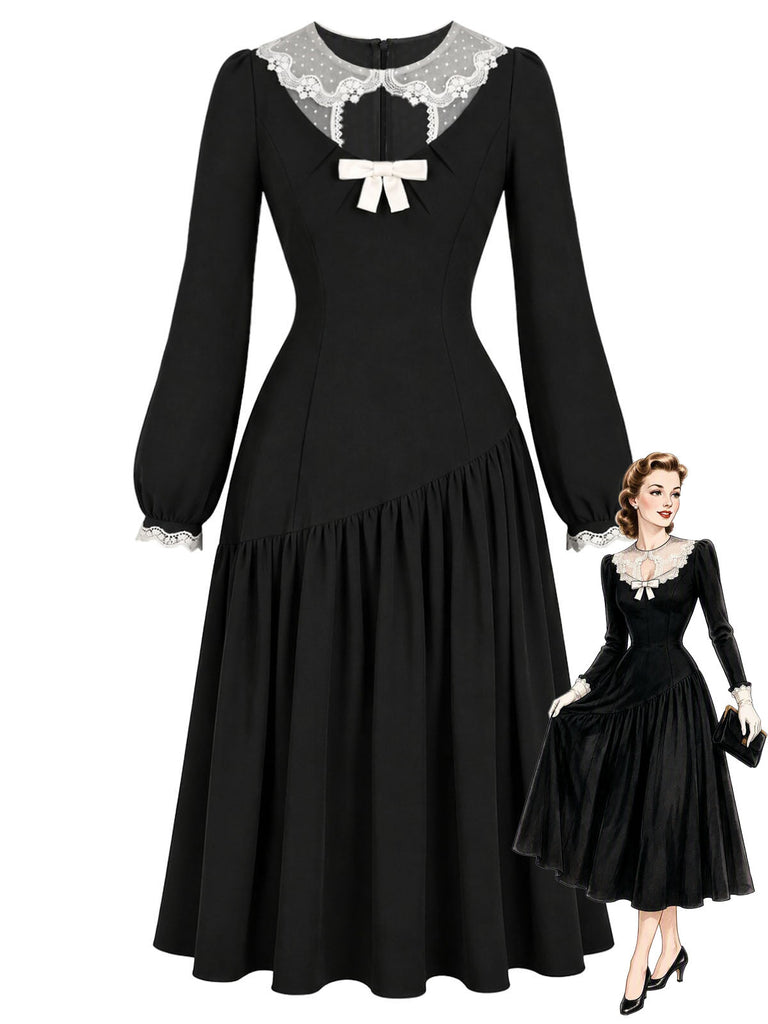 [Prévente] Robe noire à encolure en tulle transparent, fronces et nœud années 1950