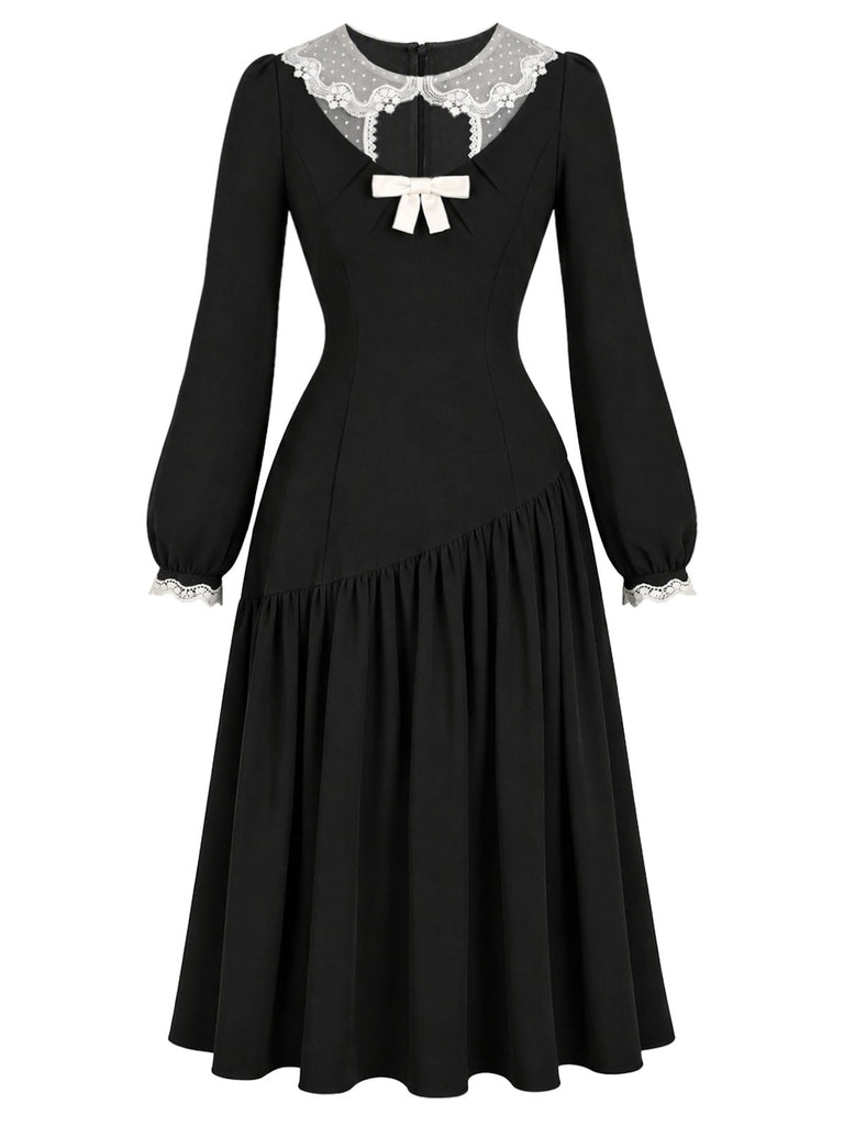 [Prévente] Robe noire à encolure en tulle transparent, fronces et nœud années 1950