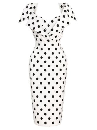 [Prévente] Robe blanche à pois, col rabattu et coupe crayon années 1960