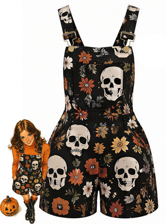 [Prévente] Combishort salopette multicolore à imprimé crâne et marguerites années 1970