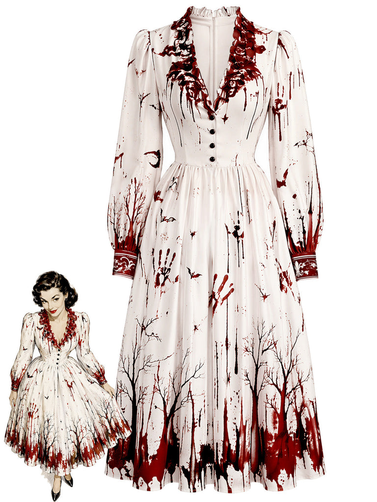 [Prévente] Robe d’Halloween rouge et blanche à chauve-souris et taches de sang années 1950