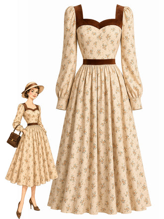 [Prévente] Robe abricot fleurie avec bordure en velours et décolleté cœur années 1930