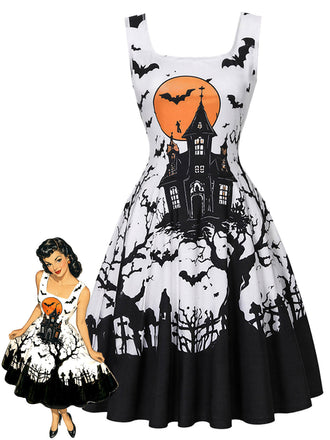 [Prévente] Robe noire et blanche d’Halloween à imprimé et col carré années 1950