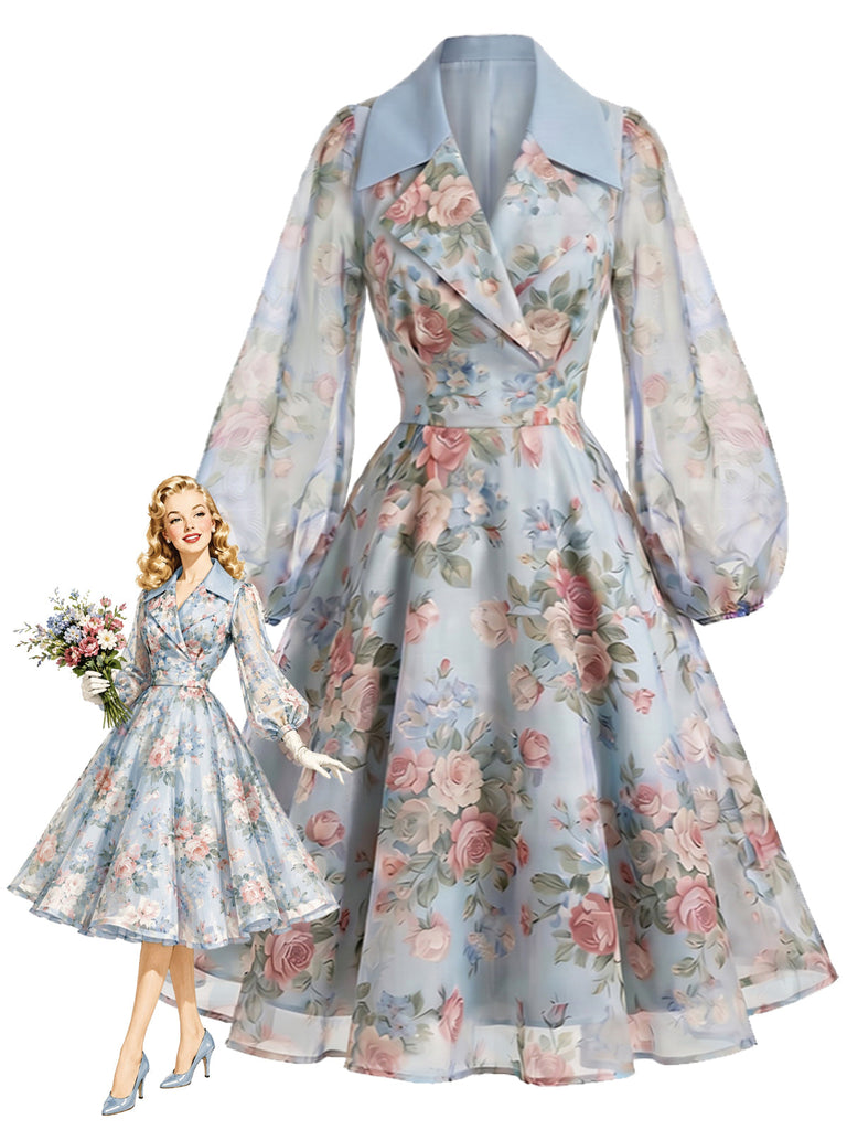 [Prévente] Robe portefeuille bleue florale à revers contrasté et manches transparentes Années 1950