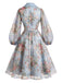 [Prévente] Robe portefeuille bleue florale à revers contrasté et manches transparentes Années 1950
