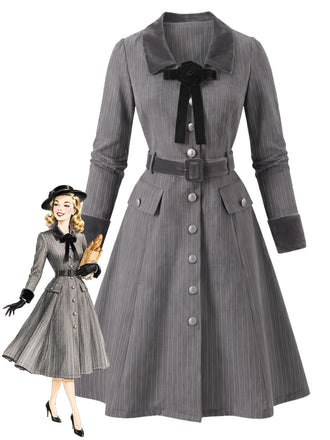 [Prévente] Robe gris foncé rayée à col V, nœud et ceinture années 1950