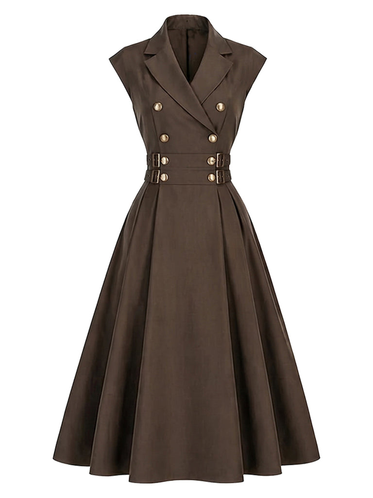 [Prévente] Robe marron à revers, double boutonnage et ceinture Années 1940