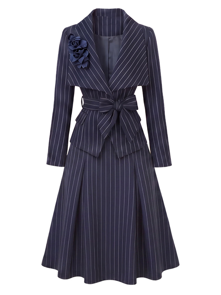 [Prévente] Ensemble 2PCS blouse bleue rayée à col V et ceinture avec jupe années 1960