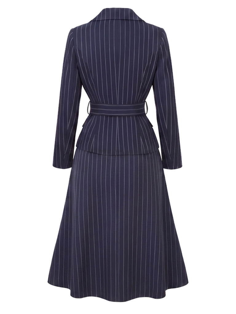 [Prévente] Ensemble 2PCS blouse bleue rayée à col V et ceinture avec jupe années 1960