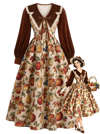 [Prévente] Robe évasée multicolore à imprimé fruits et col Chelsea années 1950 - 1